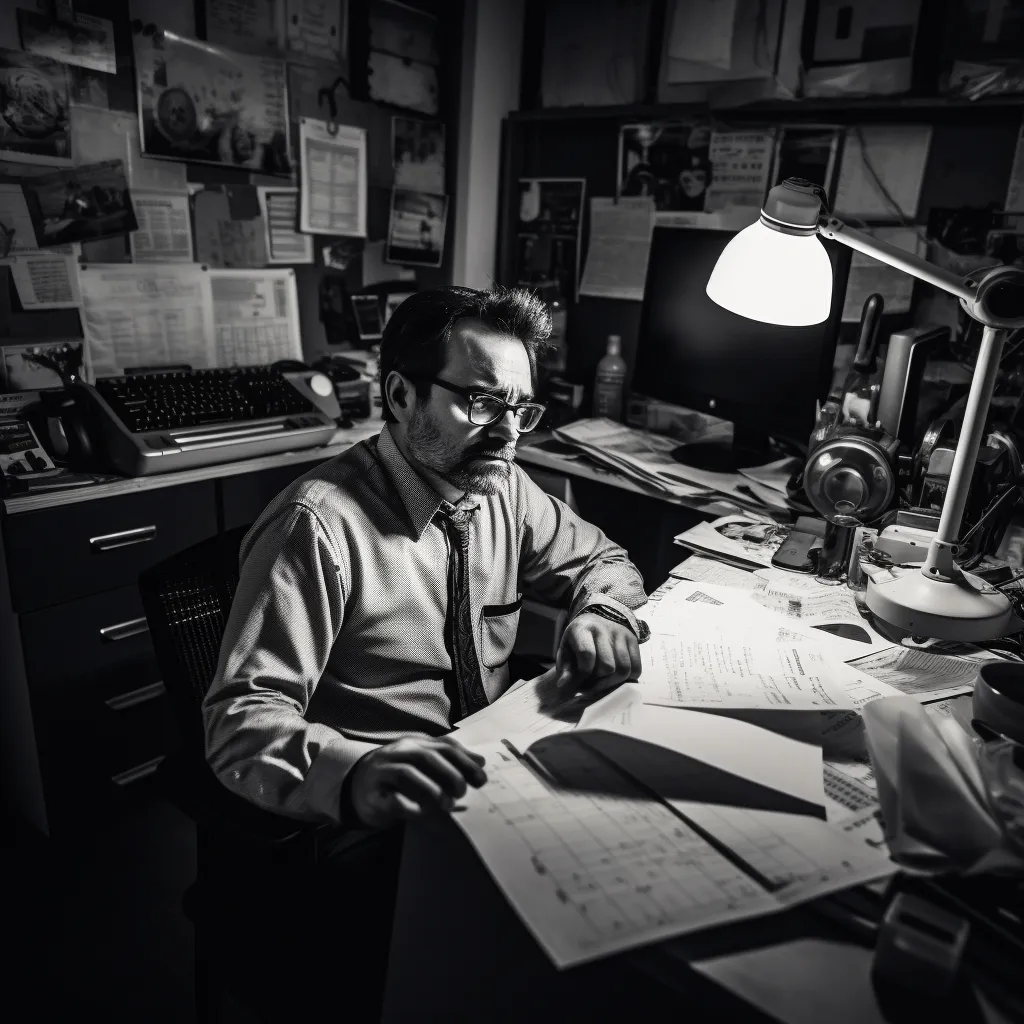 Zdjęcie przedstawiające szefa firmy remontowo-budowlanej, który siedzi przy biurku zalewanym papierami i próbuje korzystać z przestarzałych technologii w celu uporządkowania chaosu w firmie. Ta obrazowa grafika ukazuje trudności wynikające z niewydajnych procesów i przestarzałych narzędzi w branży remontowej. Odkryj, jak nowoczesne rozwiązania i technologie mogą pomóc Ci zapanować nad chaosem w Twojej firmie. Skonsultuj się z ekspertem Piotrem Pawlakiem, który pomoże Ci zmodernizować swoje operacje i wprowadzić efektywne systemy do organizacji pracy w Twojej firmie remontowej.