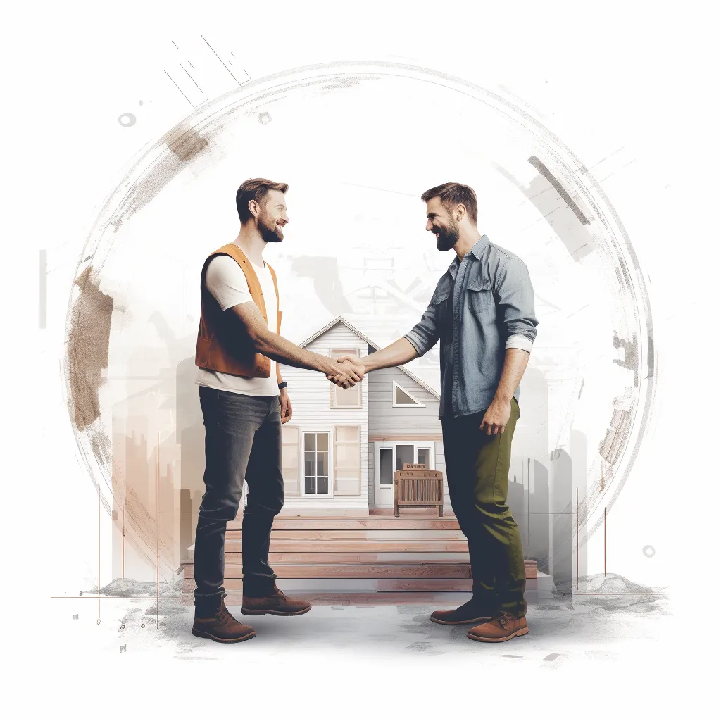 Grafika przedstawiająca właściciela firmy remontowo-budowlanej i jego idealnego klienta, którzy podają sobie ręce, świadcząc o zawartym porozumieniu. Obaj są widocznie zadowoleni z nadchodzącej współpracy. Ta obrazowa grafika symbolizuje udane negocjacje i satysfakcję z połączenia sił w biznesie remontowym. Odkryj, jakie korzyści i sukcesy możesz osiągnąć, współpracując z profesjonalistą w branży. Skonsultuj się z ekspertem Piotrem Pawlakiem, który pomoże Ci znaleźć idealne rozwiązania i partnerów biznesowych, aby osiągnąć wzajemne zadowolenie i prosperować w swojej działalności remontowej.