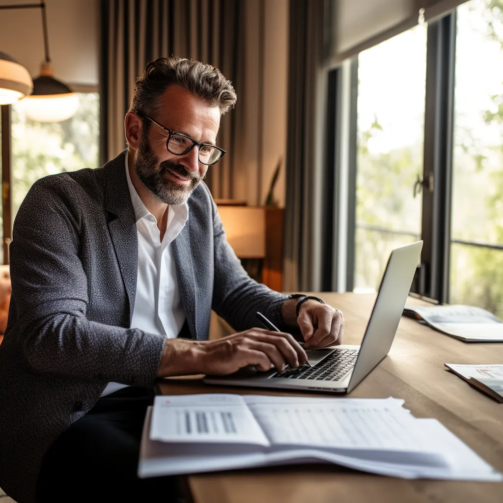 Grafika przedstawiająca właściciela firmy remontowo-budowlanej, który przegląda rozliczenie finansowe swojej firmy i wprowadza dane do komputera. Widać na jego twarzy zadowolenie z wyników finansowych firmy oraz z samodzielnego procesu kontroli finansów. Ta obrazowa grafika symbolizuje odpowiedzialność i skrupulatność właściciela firmy w zarządzaniu finansami oraz satysfakcję z efektywnego kontrolowania sytuacji finansowej. Odkryj, jak skuteczne zarządzanie finansami może przynieść Ci stabilność i rozwój w branży remontowej. Skonsultuj się z doświadczonym właścicielem firmy remontowo-budowlanej, Piotrem Pawlakiem, który pomoże Ci w optymalizacji finansowej Twojego biznesu.
