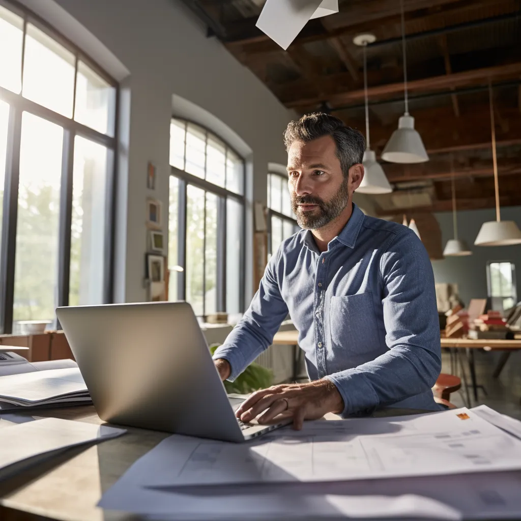 Grafika przedstawiająca właściciela firmy remontowo-budowlanej, który jest pewny swoich cen. Widać go, jak siedzi przed komputerem i dokładnie wylicza koszt pracy, aby zapewnić oczekiwane zyski. Ta obrazowa grafika symbolizuje precyzyjne oszacowanie kosztów i pewność właściciela firmy w ustalaniu cen. Odkryj, jak profesjonalne podejście do kalkulacji kosztów może przynieść Ci odpowiednie zyski i stabilność finansową w branży remontowej. Skonsultuj się z doświadczonym właścicielem firmy remontowo-budowlanej, Piotrem Pawlakiem, który pomoże Ci w ustaleniu właściwych cen i zarządzaniu rentownością Twoich projektów.