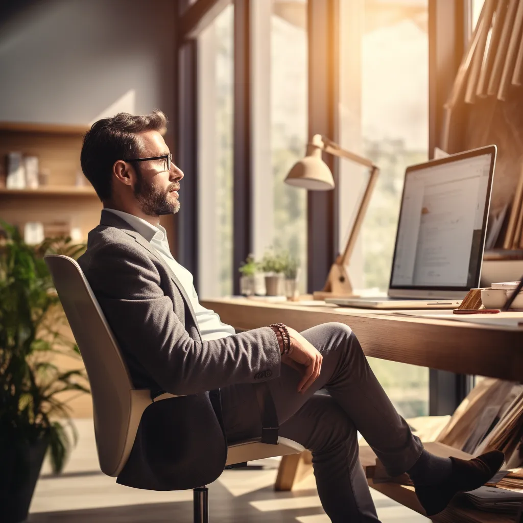 Grafika przedstawiająca właściciela firmy remontowo-budowlanej, który siedzi zrelaksowany przy biurku. Na ekranie komputera widać dokument tekstowy, w którym dane są wstawiane przez sztuczną inteligencję. Właściciel nie musi wykonywać żadnych czynności, ponieważ sztuczna inteligencja samodzielnie wykonuje zadania administracyjne. Ta obrazowa grafika symbolizuje efektywne wykorzystanie technologii AI w zarządzaniu firmą remontową, co pozwala właścicielowi cieszyć się odprężeniem i oszczędzać czas. Odkryj, jak sztuczna inteligencja może usprawnić administracyjne zadania w Twojej firmie remontowej. Skonsultuj się z ekspertem Piotrem Pawlakiem, który pomoże Ci zaimplementować nowoczesne rozwiązania AI do organizacji i automatyzacji procesów w Twoim biznesie.